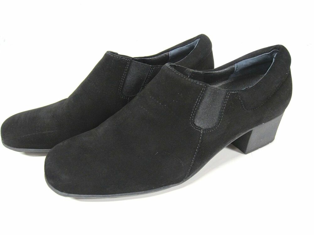 Elites Walking Cradles Black Suede Chunky Heel Comfort Slip Ons Loafers Sz 8 M